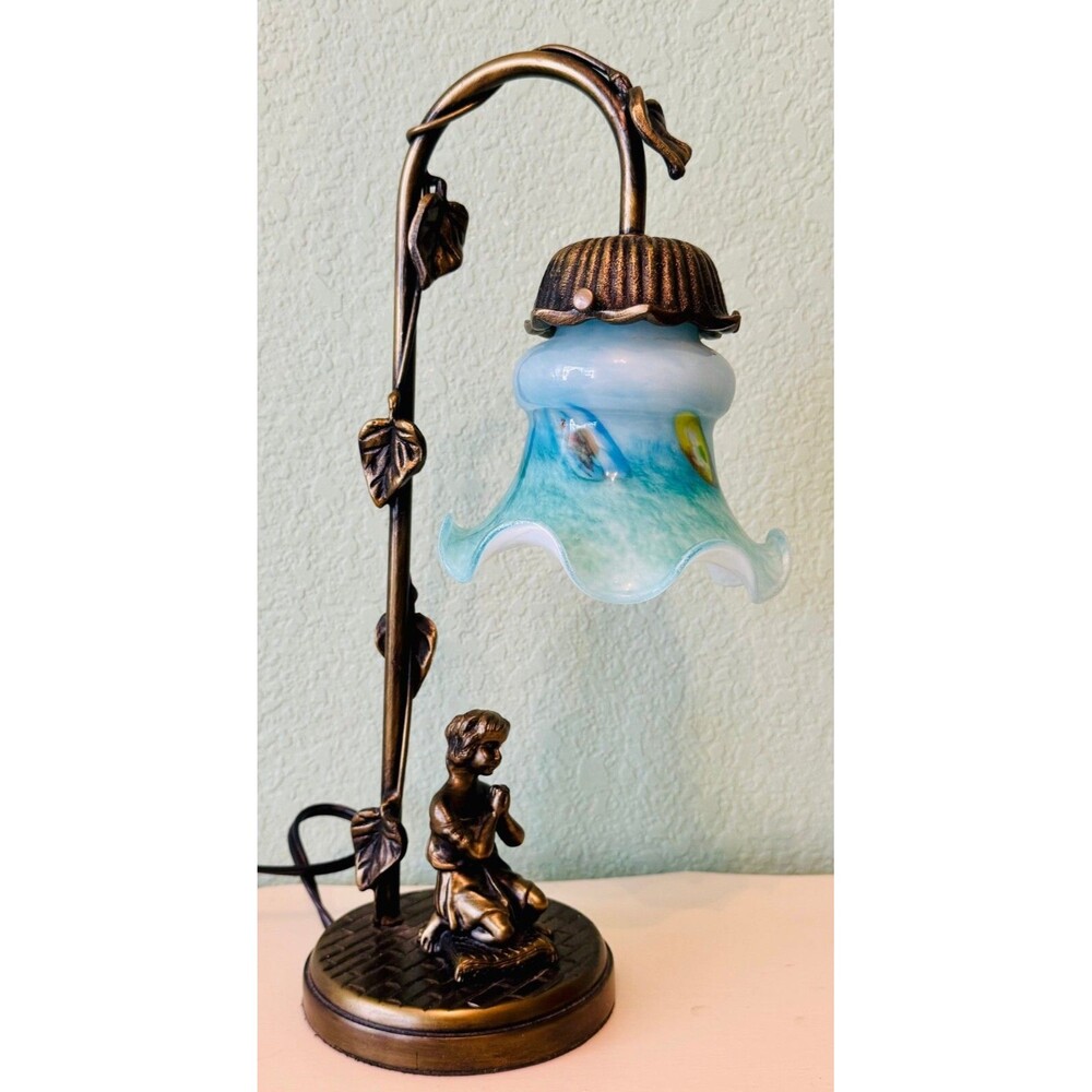 Praying Girl Table Lamp Art Nouveau Glass Shade Vine Leaves Blue 14.5" High
